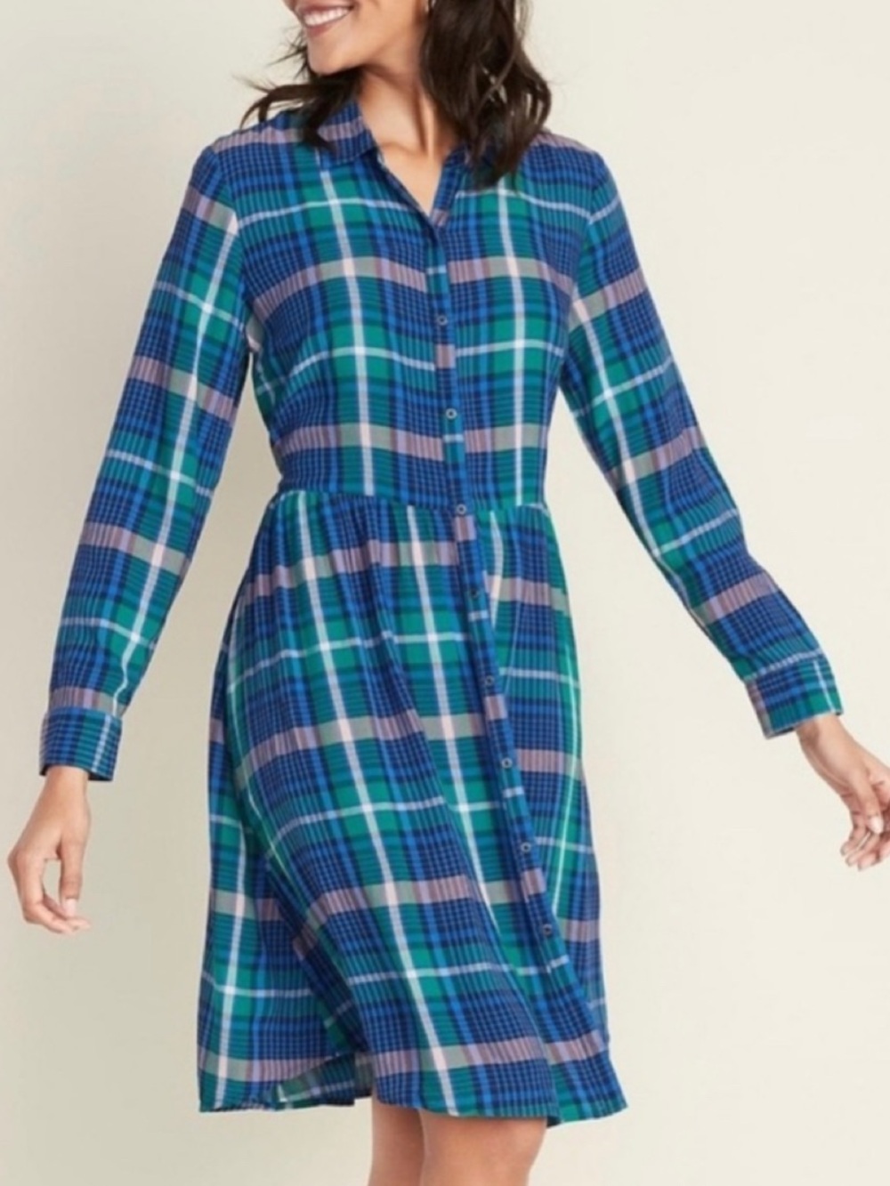 Old Navy Plaid Crepe Shirt Dress Long Sleeve Midi Blue Green Lavender L Large